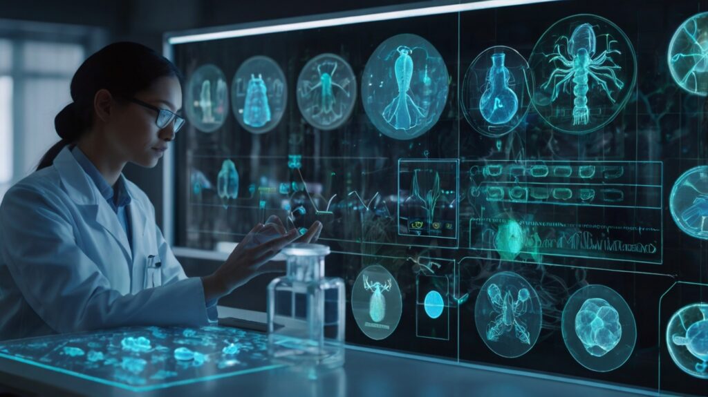 Scientist working with AI platforms to develop a universal dengue vaccine using advanced holographic virus data in a modern research lab.