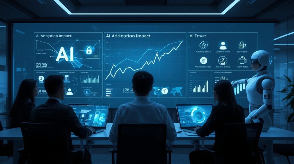 Business leaders tracking revenue growth using AI adoption tools and strategic dashboards.
