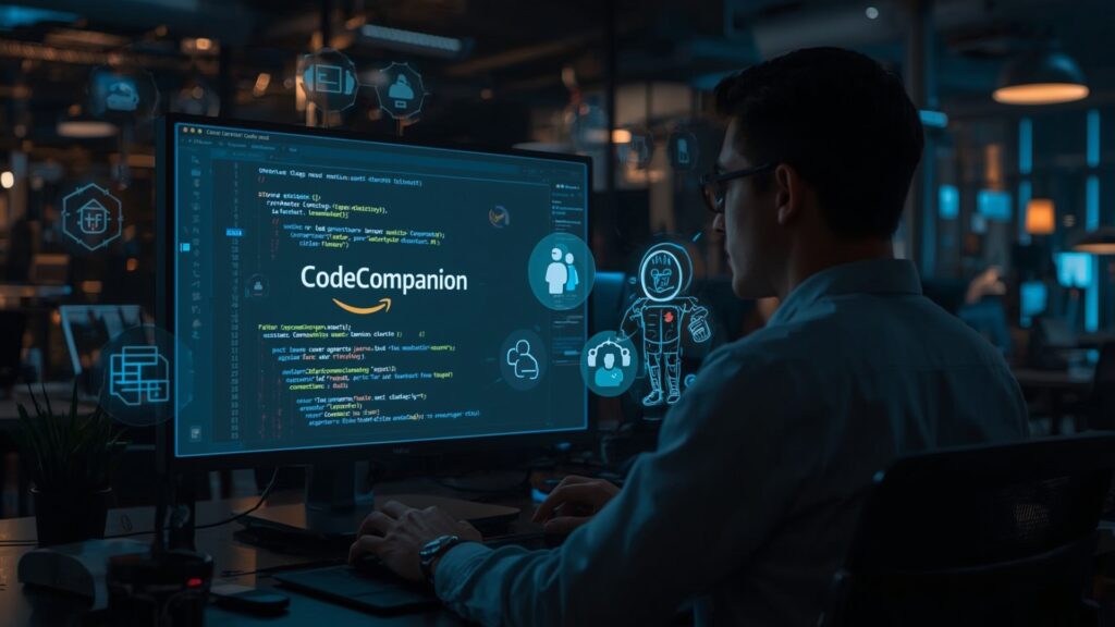 Developer using Amazon’s AI coding assistant CodeCompanion to generate and debug code in an AWS-powered cloud development environment.