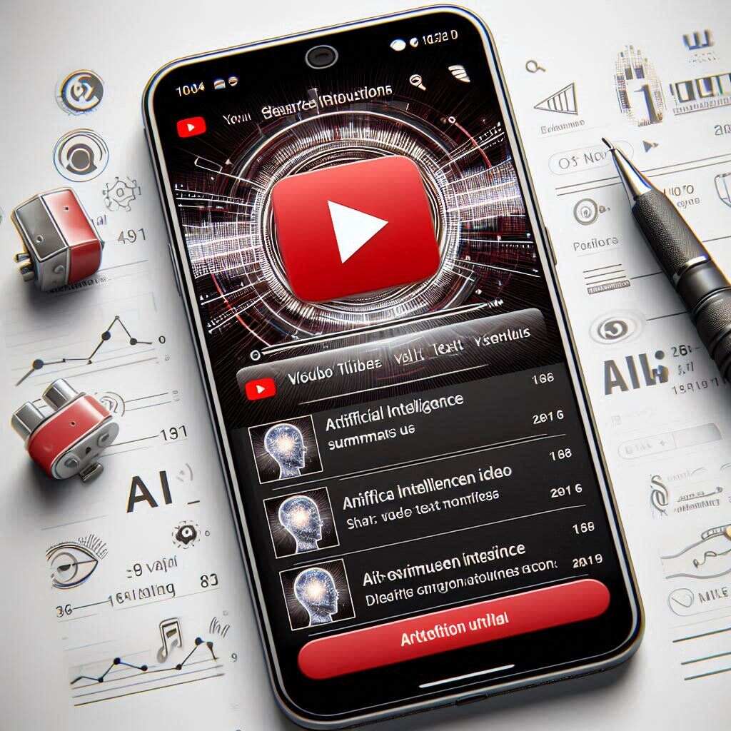 A smartphone displays YouTube’s new AI-powered carousel at the top of its search results, featuring video thumbnails and short AI-generated summaries—representing smarter video discovery.
