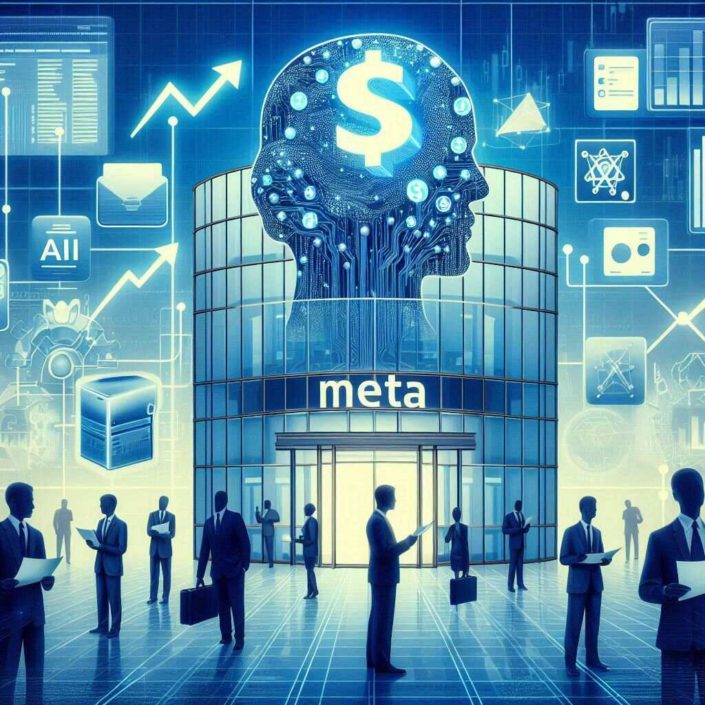 A digital artwork showing Meta HQ with glowing dollar signs and AI elements symbolizing researcher pay packages.