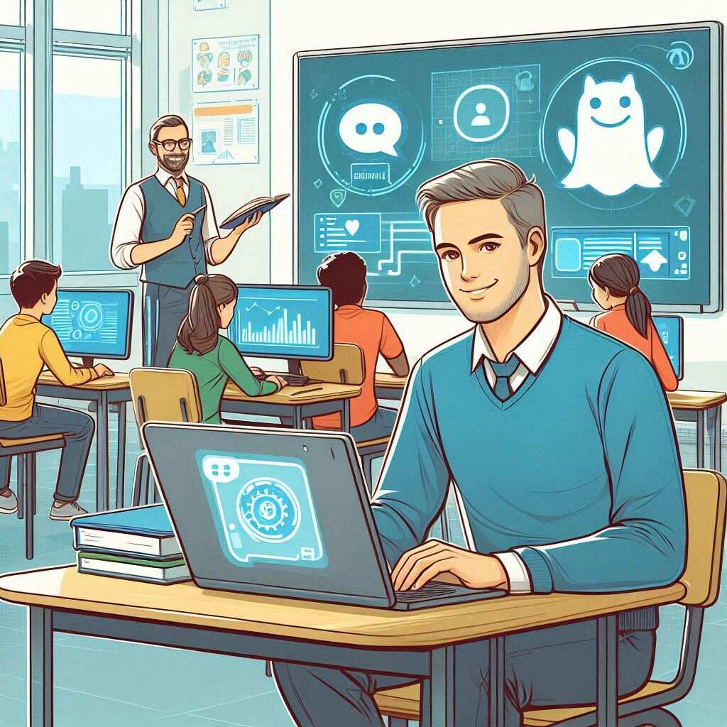 A modern classroom where a teacher uses ChatGPT on a laptop to enhance student learning.