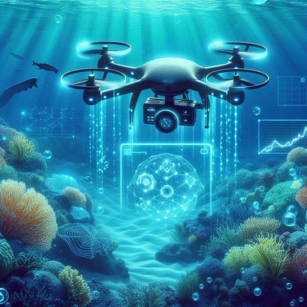  An underwater drone captures coral reefs and sea creatures while AI software overlays data for analysis.