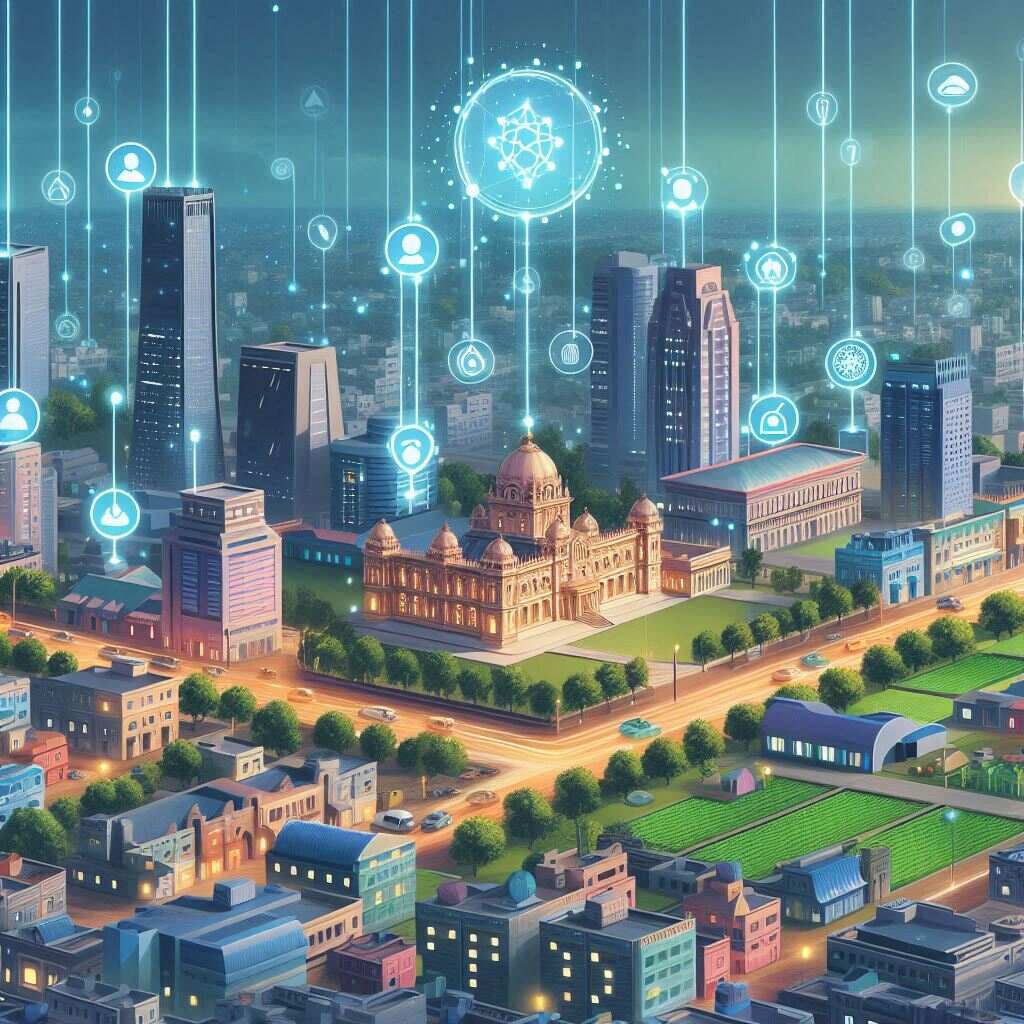 A futuristic digital illustration showing Telangana's AI-connected infrastructure powering public services.