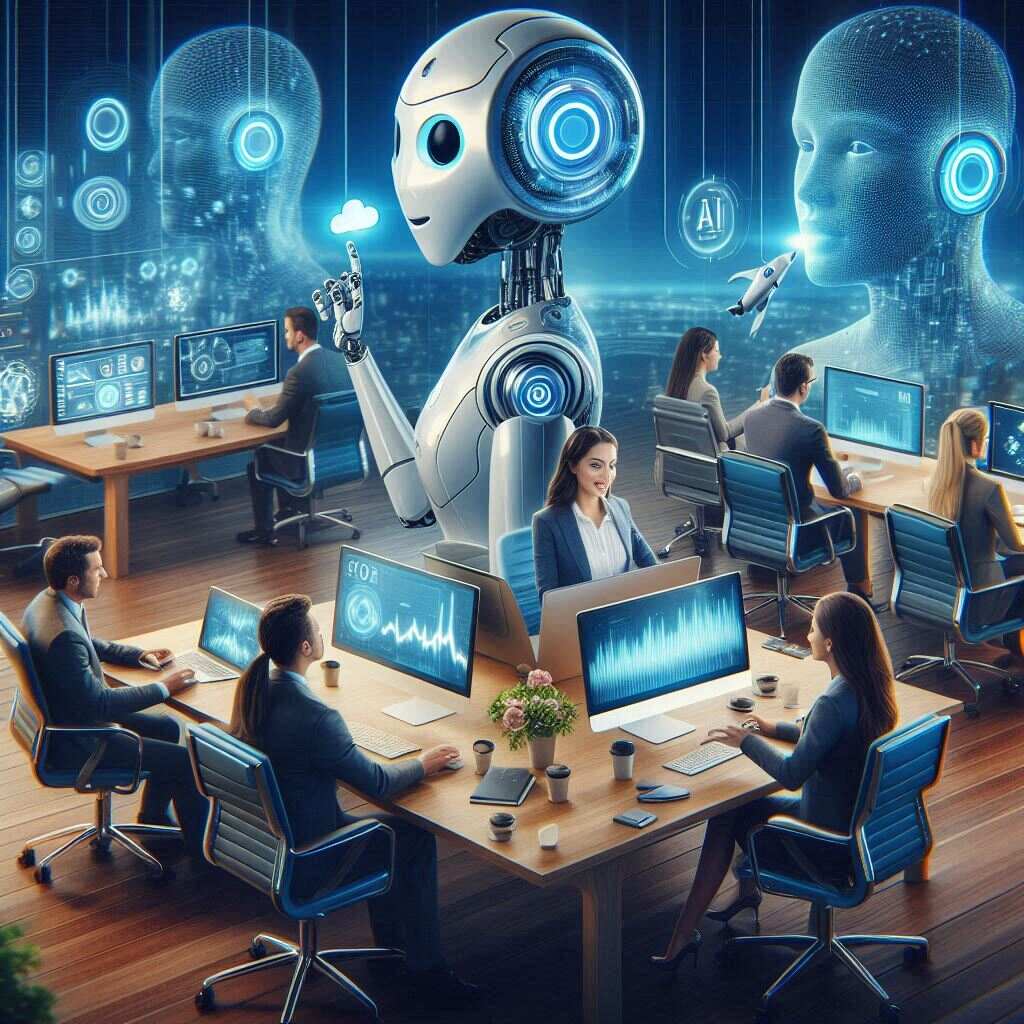 A futuristic office environment showing Salesforce employees collaborating with AI-powered assistants.