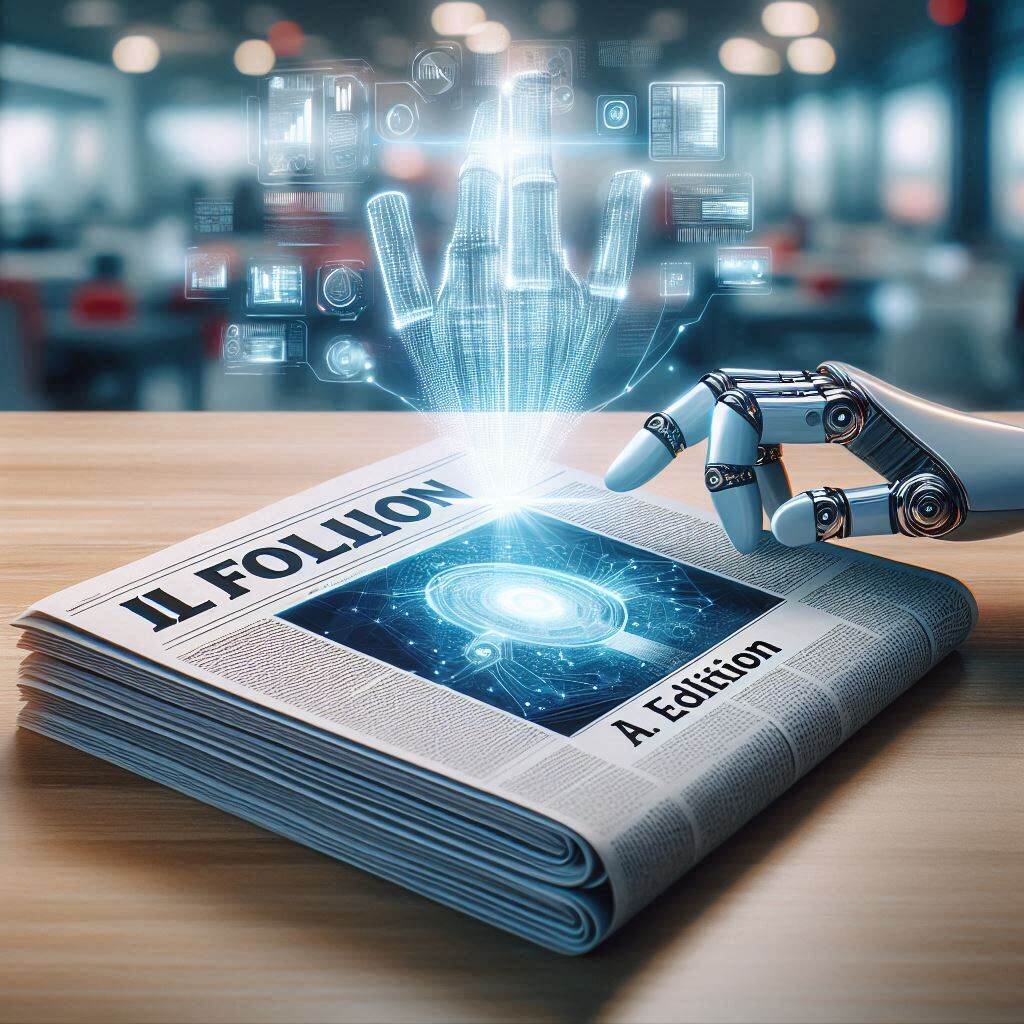 A digital illustration of a futuristic newspaper titled “Il Foglio AI” lying on a sleek desk, with holographic data and glowing text hovering above the pages. A robotic hand points at the front page, symbolizing artificial intelligence’s role in news creation. The background features a modern newsroom with soft lighting, blending traditional journalism with cutting-edge technology.
