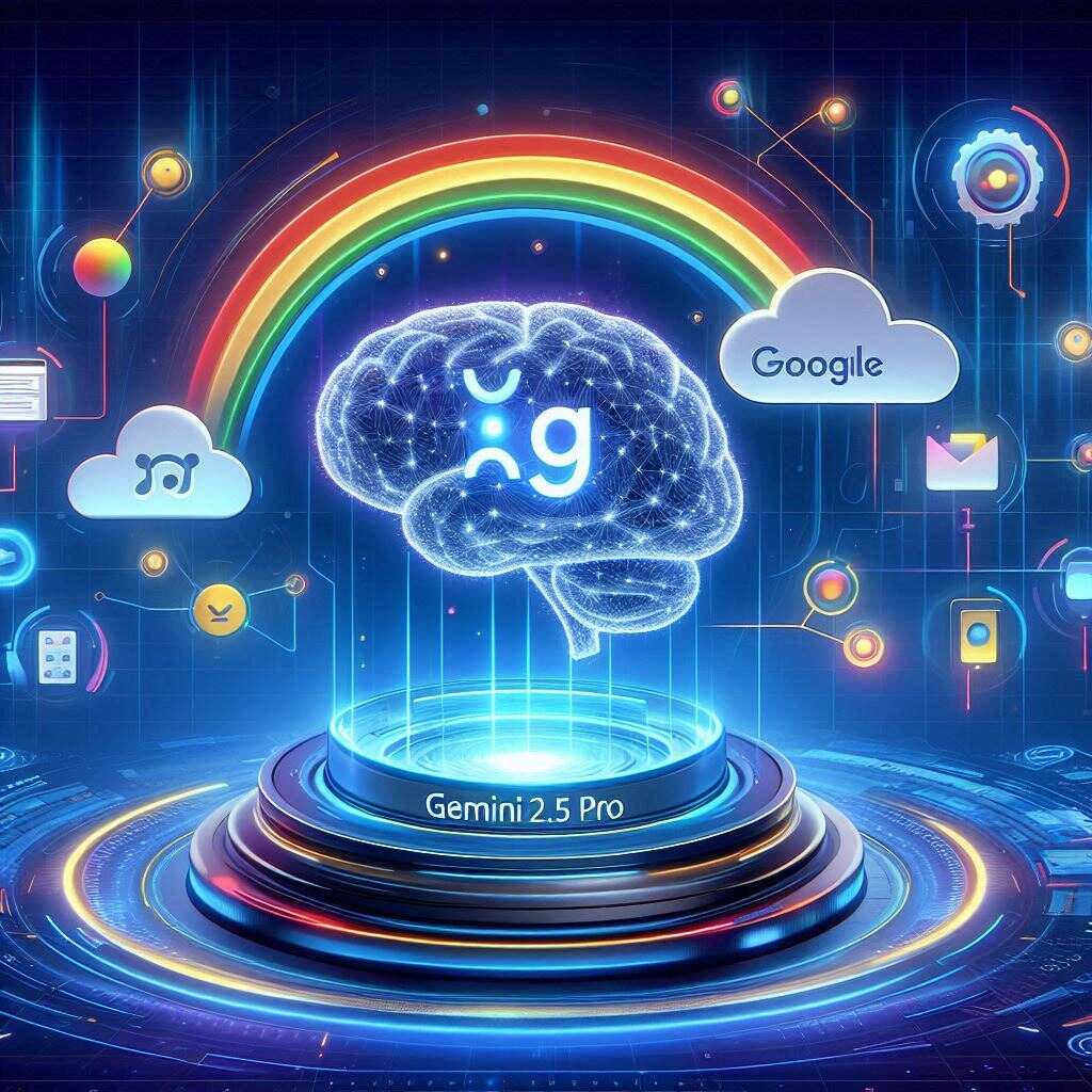 A glowing digital brain labeled “Gemini 2.5 Pro” floats above a futuristic Google Cloud interface, surrounded by icons for text, code, images, audio, and video. The background features dynamic data streams and neural network visuals, representing Google's intelligent multimodal AI model.