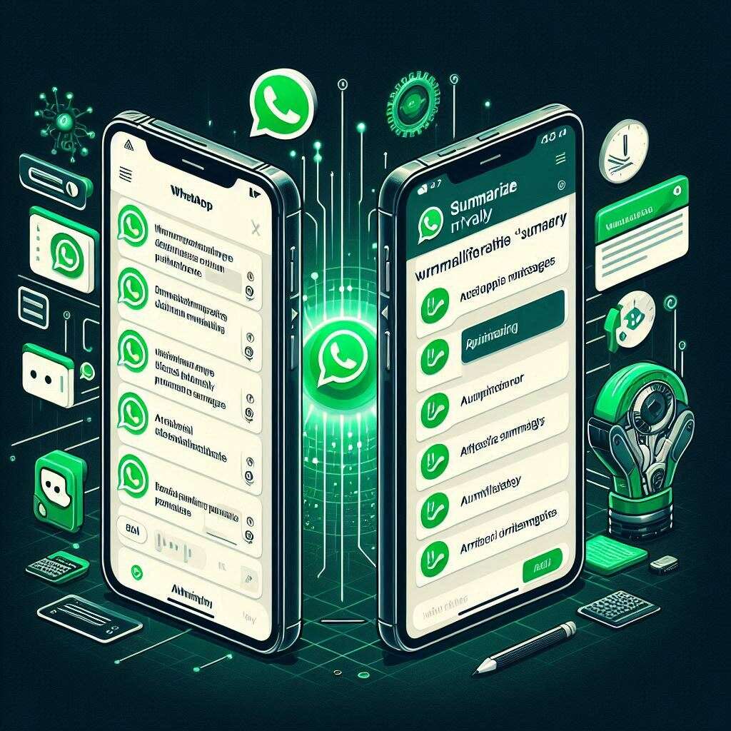 A digital illustration of two smartphones—one displaying a WhatsApp chat with a “Summarize Privately” button, and the other showing a concise AI-generated message summary—visually representing WhatsApp's new AI-powered message summarization feature.