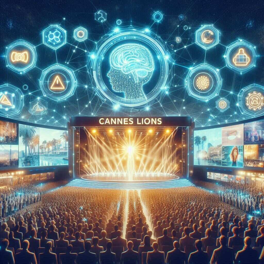 A digital illustration of a Cannes Lions stage with AI graphics, creative professionals watching AI-driven campaign demos.