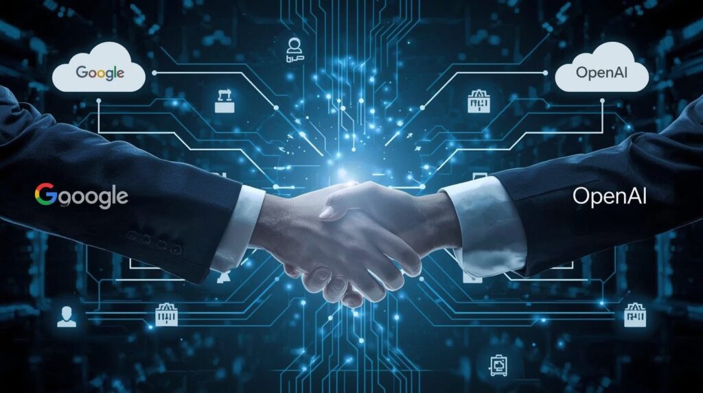 OpenAI uses Google Cloud partnership visualized through AI handshake concept.