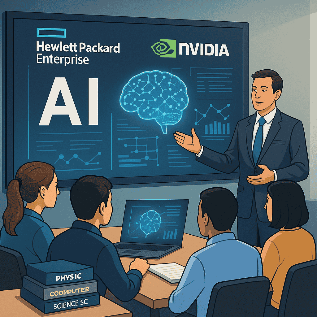 A digital illustration depicts a professional AI training session hosted by HPE and NVIDIA. A business presenter stands beside a large screen displaying neural networks, graphs, and the logos of Hewlett Packard Enterprise and NVIDIA. Four diverse attendees are seated, watching attentively with laptops open, engaging in the session. A stack of books labeled "Physics," "Computer Science," and "Science" sits nearby, symbolizing the technical learning environment.