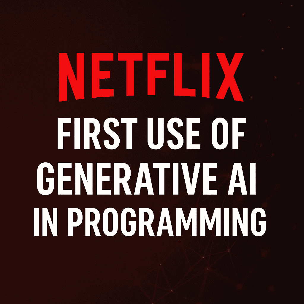 A digital graphic promoting Netflix's first use of generative AI, showing a film director interacting with a holographic AI interface on a futuristic film set, symbolizing the integration of AI into entertainment content creation.