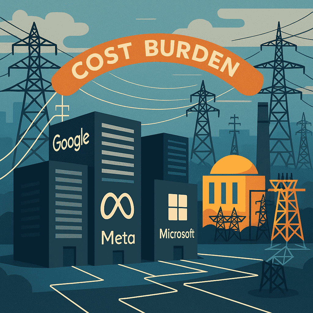 An illustration showing big tech data centers and a power grid overlay, symbolizing shared energy infrastructure costs and grid expansion burdens.