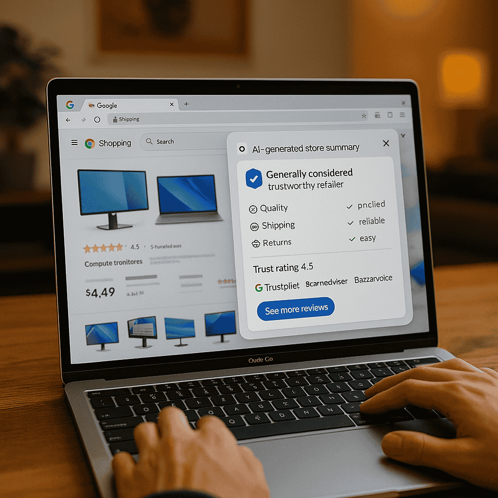 Laptop showing Google Chrome with AI‑powered store summary pop‑up, highlighting trust factors, reviews, and shopping safety indicators.