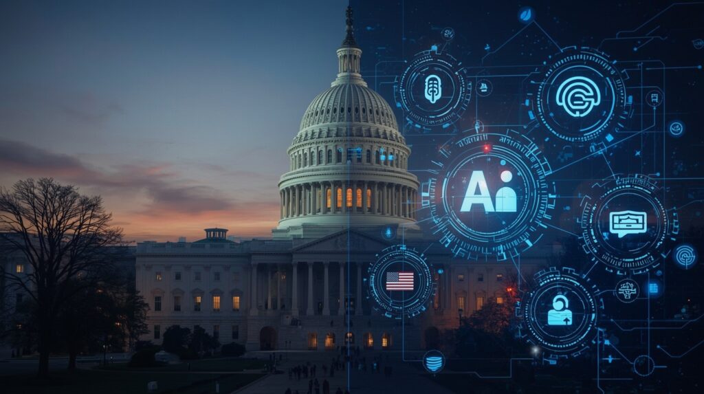 State AI lawmaking visual showing U.S. Capitol and digital tech governance