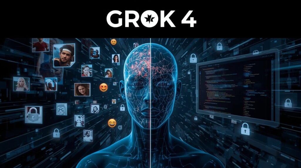 Grok 4 AI model interpreting memes and code in a digital environment