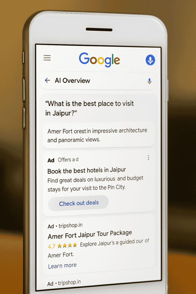 “A mobile view of Google Search displaying AI Overviews with integrated ads designed for Indian users.”