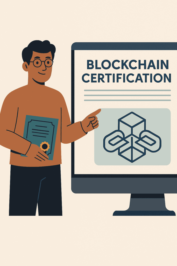 Illustration of a man holding a blockchain certificate, pointing at a digital screen displaying “Blockchain Certification” and a blockchain icon, representing blockchain integration in business.