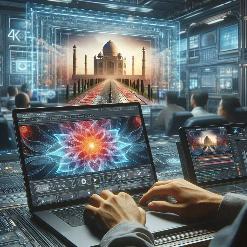 A digital artist using Google's Veo 3 AI video generation tool on a laptop, with cinematic results displayed.