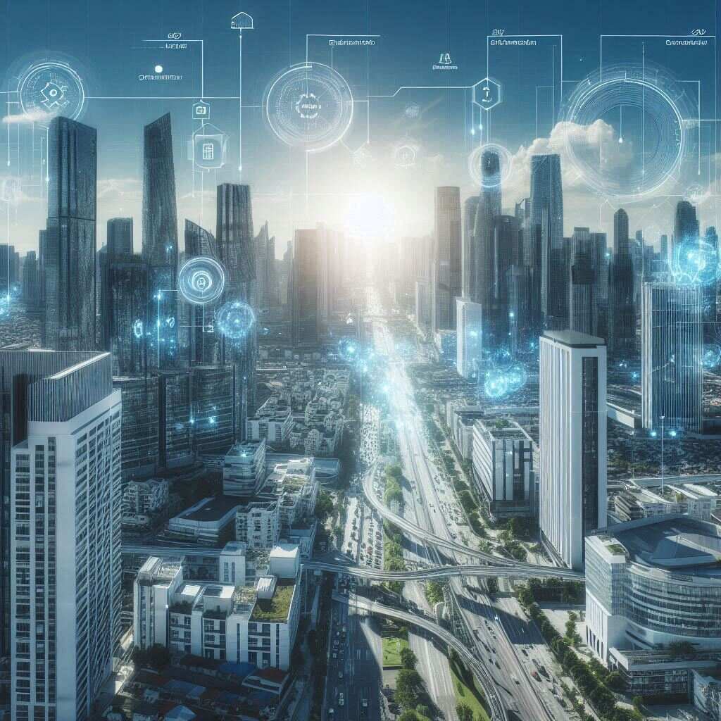AI-generated reflective paint applied on futuristic city buildings to reduce heat and energy use