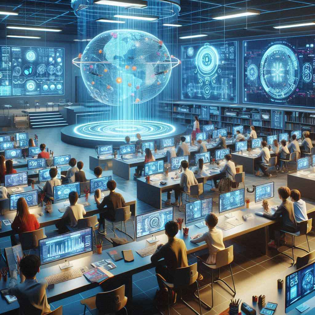 A classroom in India using futuristic technology to teach AI, symbolizing the growth of AI in innovation through education.