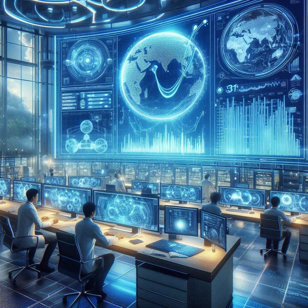 Researchers using AI dashboards and global data to conduct weather forecasting in a high-tech climate lab.
