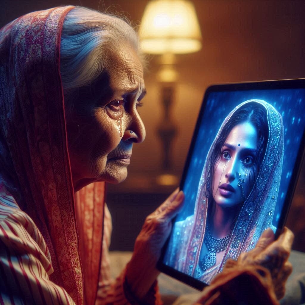 An elderly Indian woman emotional over an AI-generated photo of her young self and her first love, symbolizing AI in storytelling.