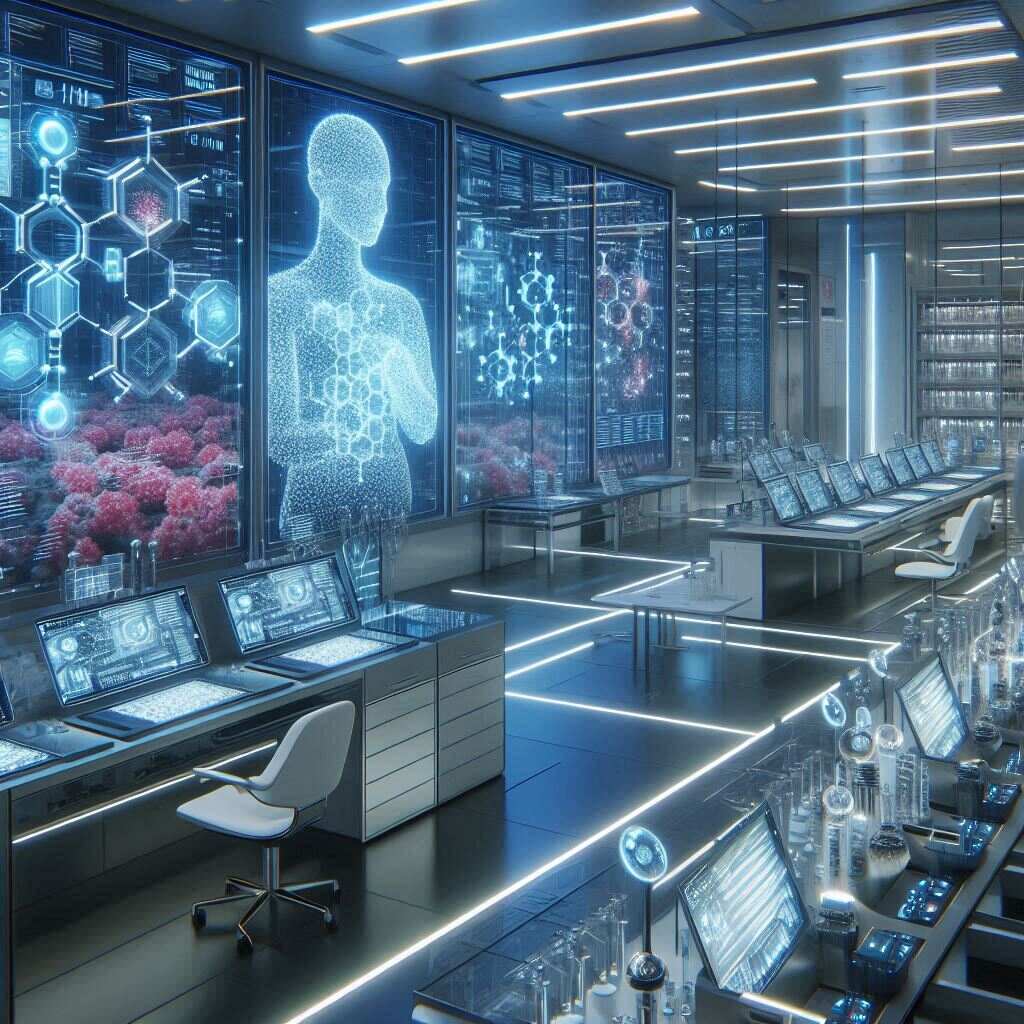 A futuristic lab using AI models to simulate cancer drug interactions with human cells, representing AI in drug discovery.