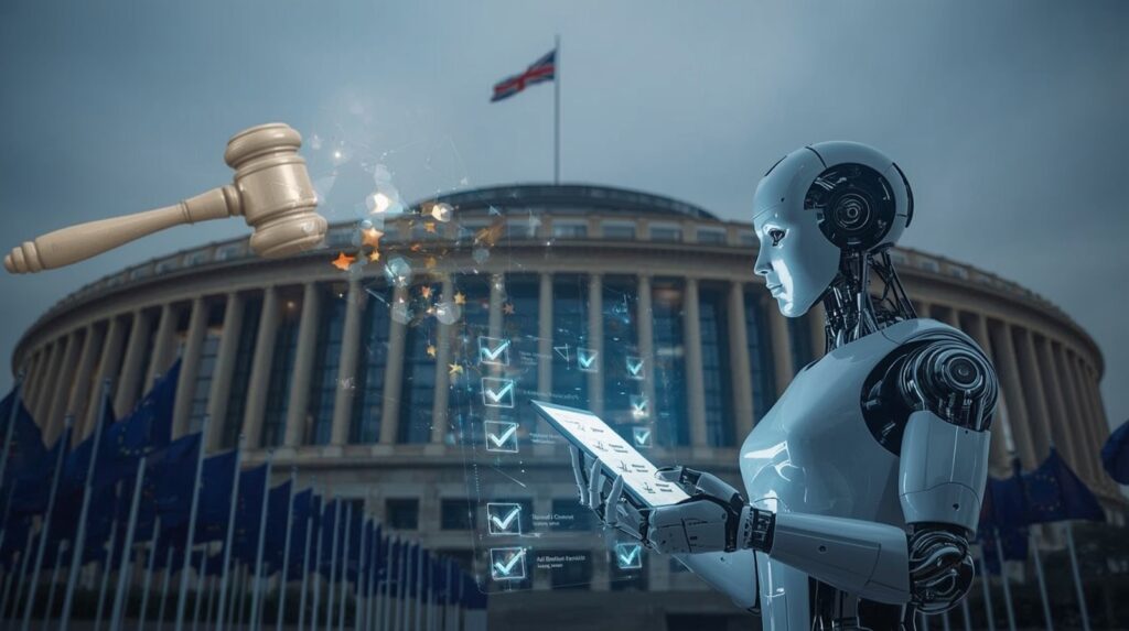 EU AI Act enforcement represented with robot reviewing digital regulations.