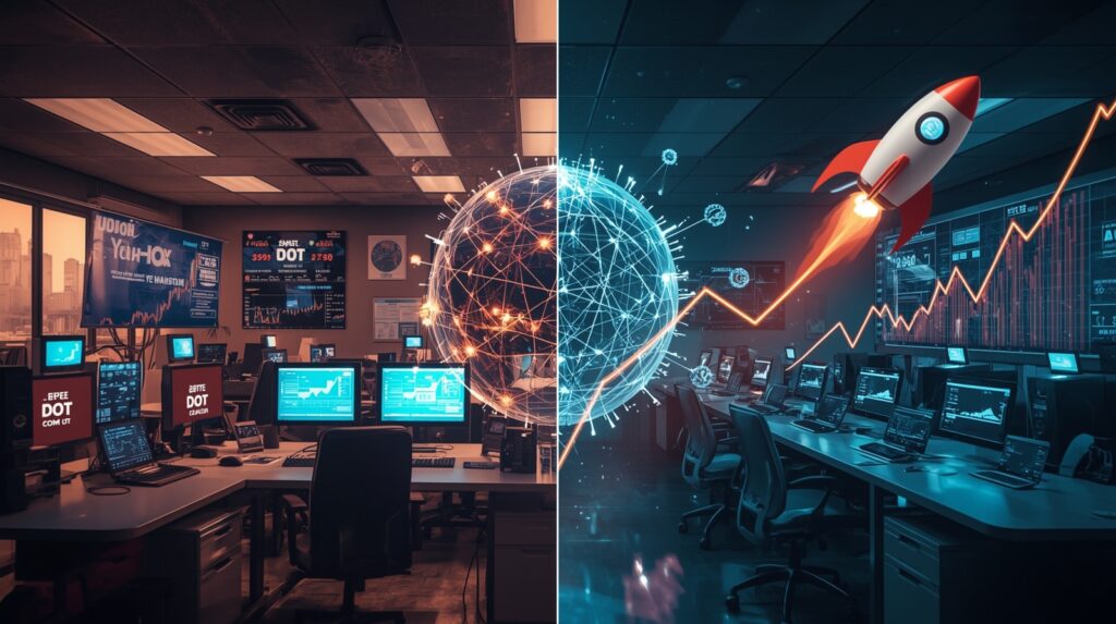 Split-screen comparing the dot-com bubble era with todayās AI boom, showing contrasting outcomes and technological evolution.