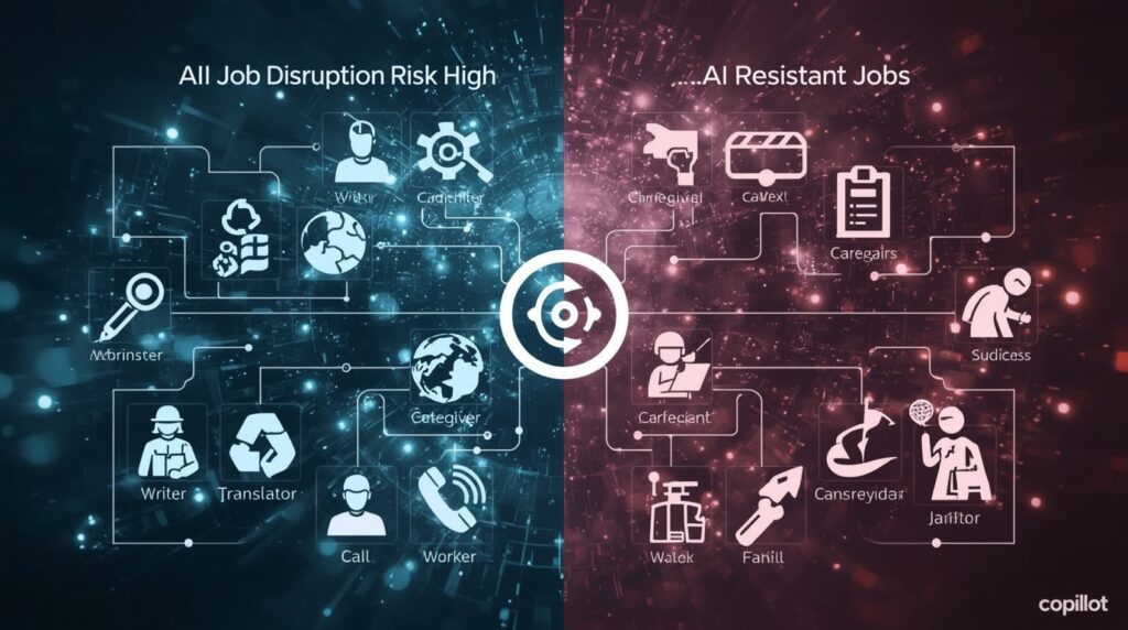 Infographic comparing job roles highly disrupted by AI (writers, translators) versus roles safe from AI disruption (caregivers, construction workers).