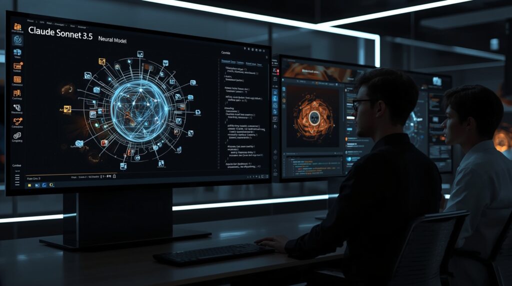 “Claude Sonnet 3.5 coding interface showing real-time code generation with AI assistant in futuristic workspace.”
