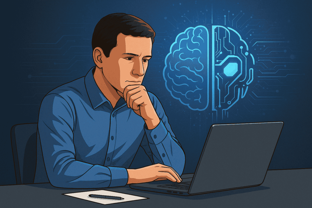 Person at a desk with a digital AI brain overlay, illustrating the concept of AI and the mind enhancing cognition.