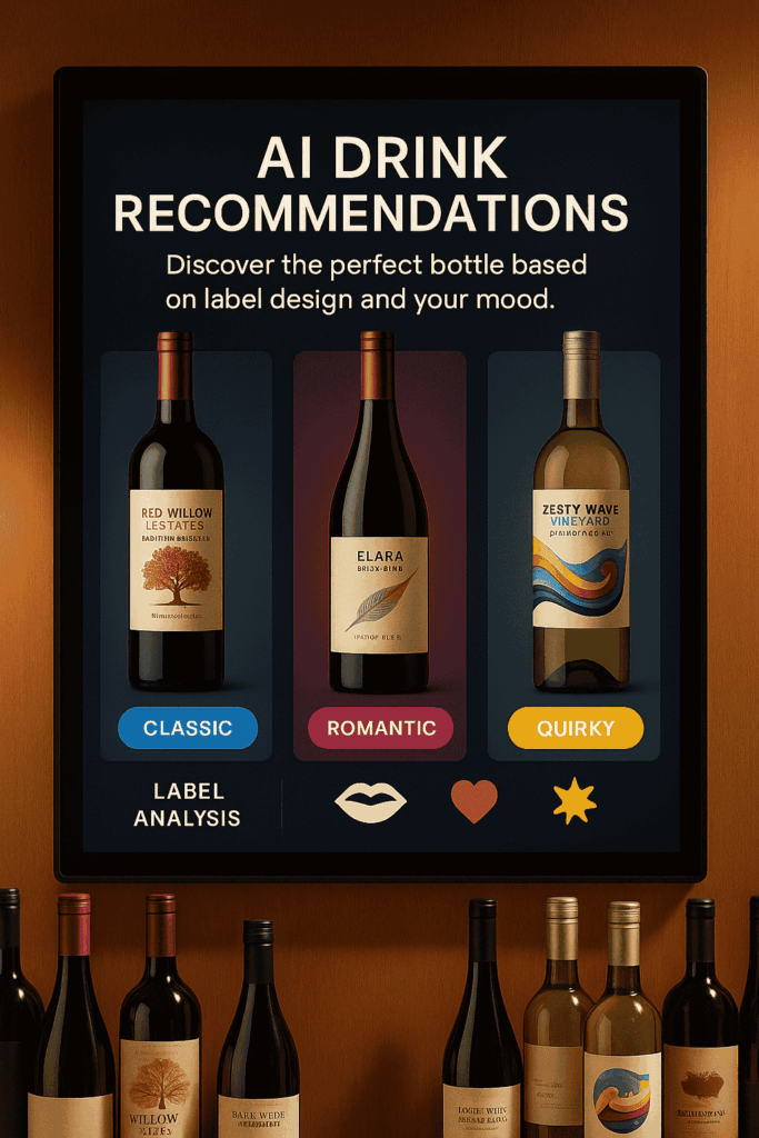 Retailer’s tablet screen displaying AI-driven drink recommendations, analyzing wine labels and mood to boost sales.