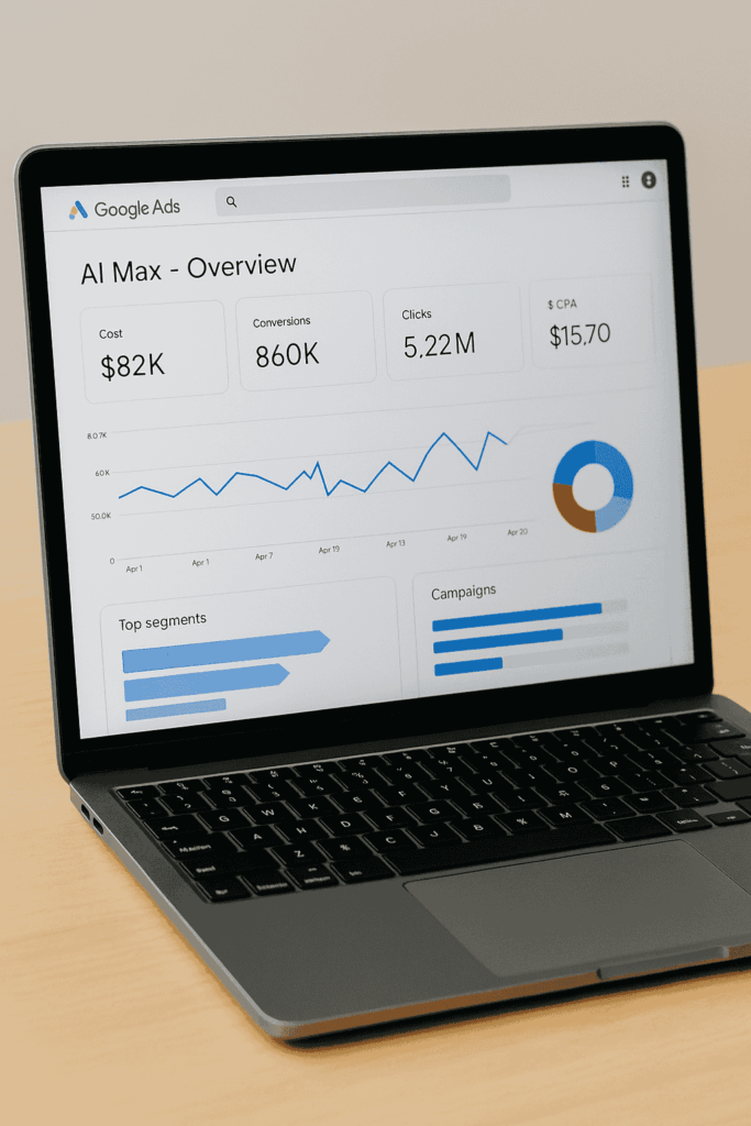 Screenshot of Google Ads dashboard featuring an AI Overviews placement breakdown with performance metrics.
