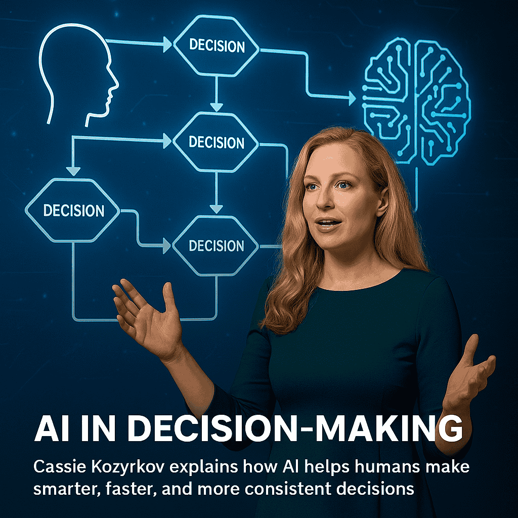 Digital artwork of AI and human figures linked by a decision tree, symbolizing collaborative intelligence.