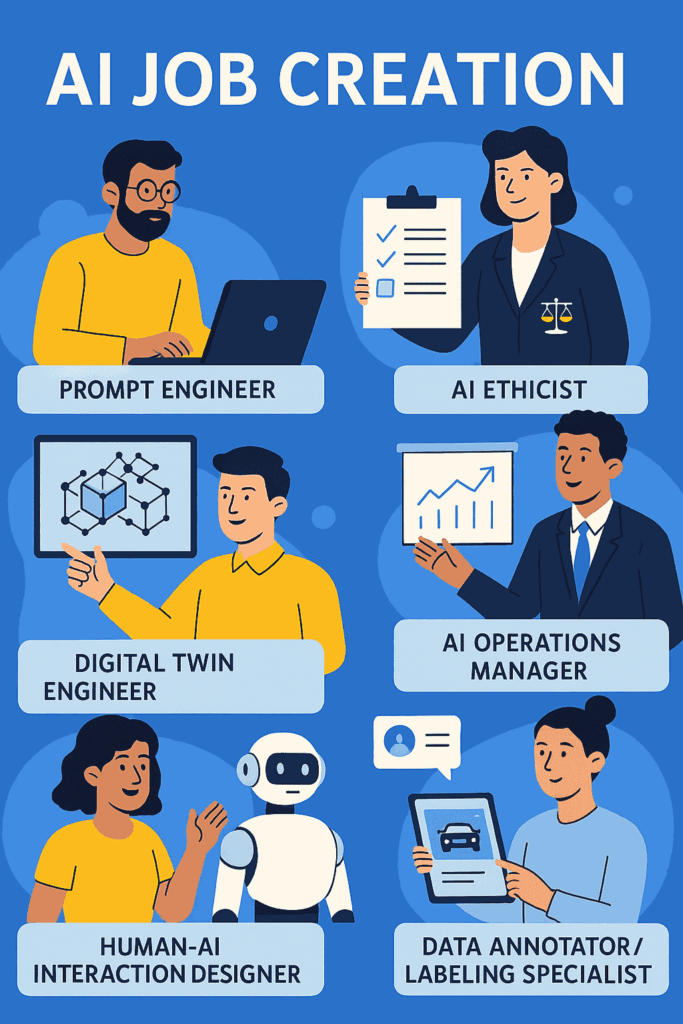 Digital illustration showcasing emerging AI-enabled jobs like prompt engineer, AI ethicist, and digital twin engineer.