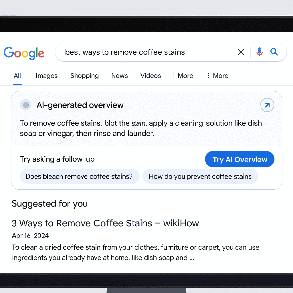 Screenshot-style illustration of Google AI Overviews in the Search interface with interactive highlights and user engagement features.