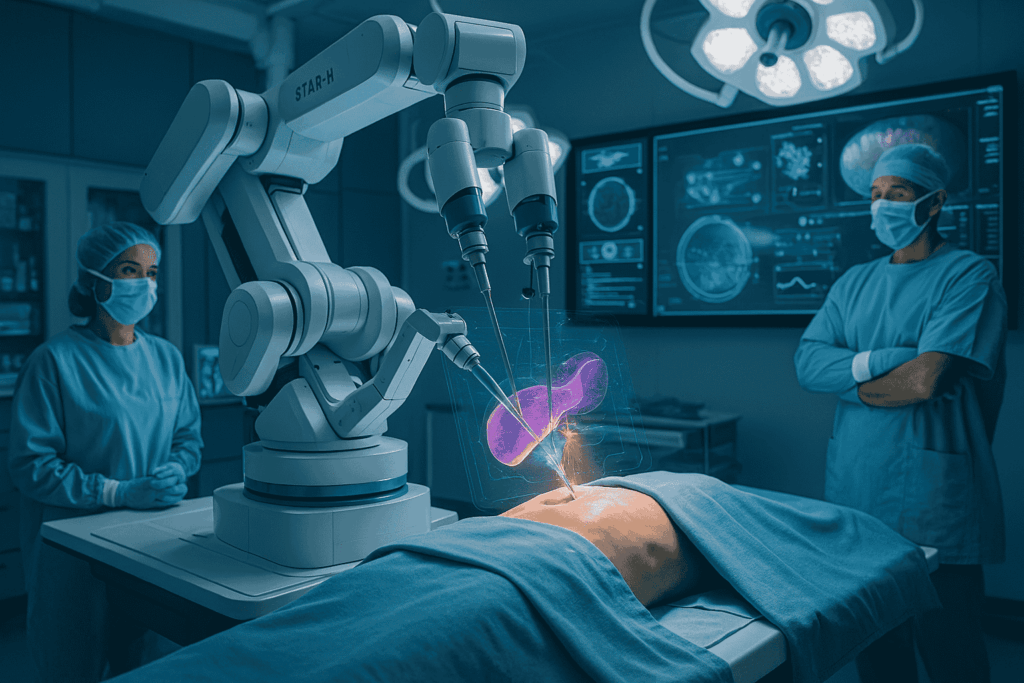 The SRT-H autonomous surgical robot performing gallbladder surgery in a high-tech operating room, showcasing robotic precision in medical procedures.