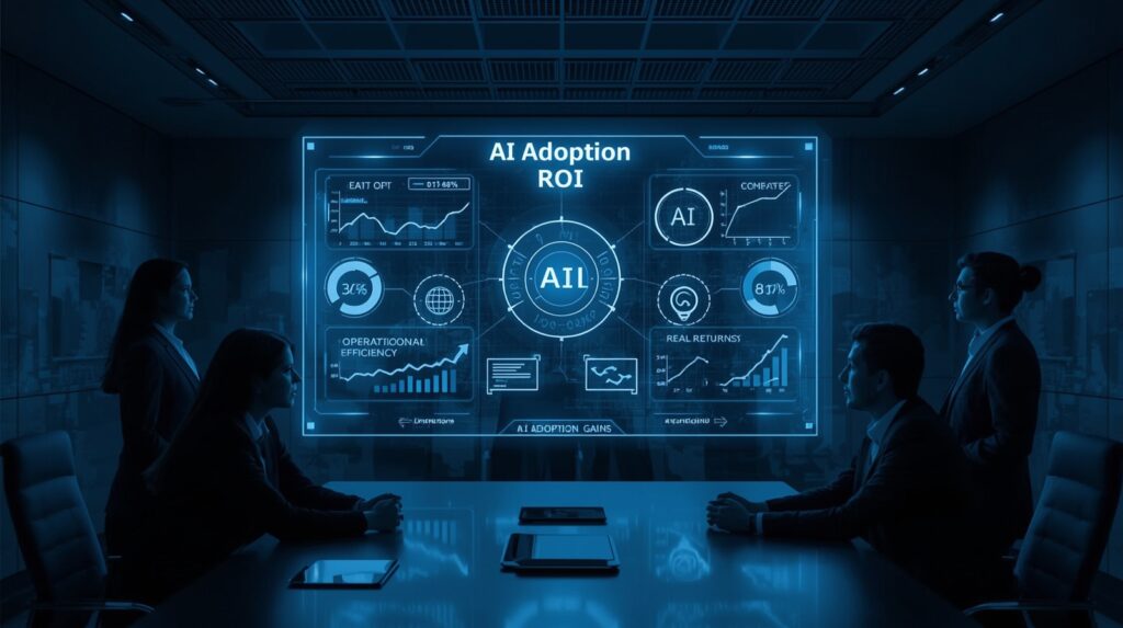 “Business executives analyzing holographic dashboards to review AI adoption ROI and real-world performance outcomes.”