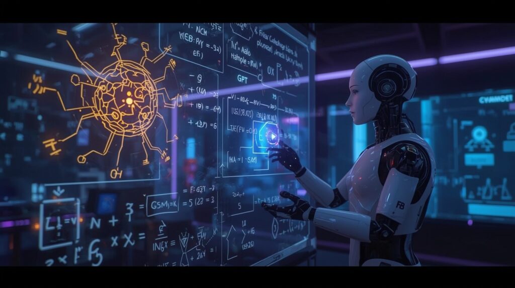 "OpenAI’s GPT and DeepMind’s Gemini AI solving complex math problems together on a futuristic smartboard in a high-tech lab."