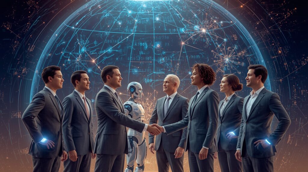 Global leaders and AI joining hands to form a united global AI cooperation organization.