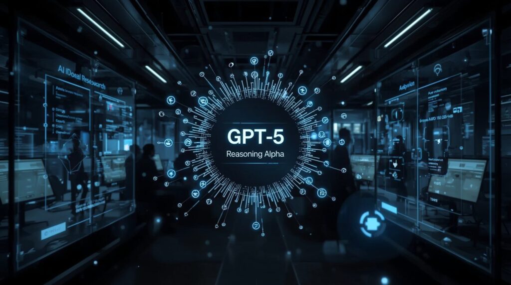 Illustration of GPT-5 Reasoning Alpha AI model core in a high-tech lab with digital interface, neural network visuals, and researchers analyzing AI code.