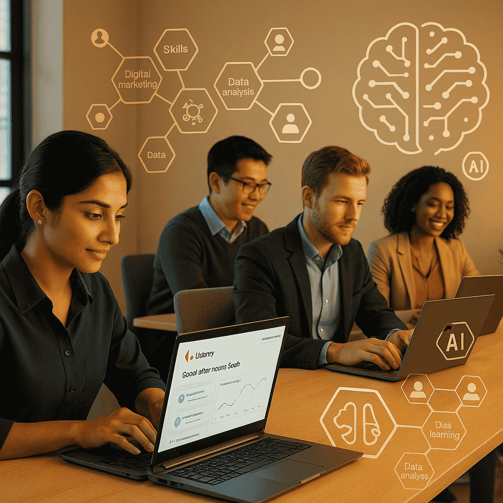 Professionals at laptops accessing Udemy’s AI-powered personalized learning dashboard to support enterprise AI transformation.