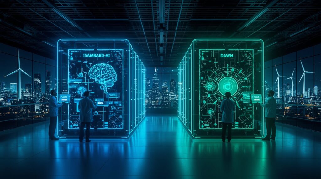 "UK AI supercomputing investment visualized through futuristic data centers housing Isambard-AI and Dawn supercomputers, with sustainable energy sources."