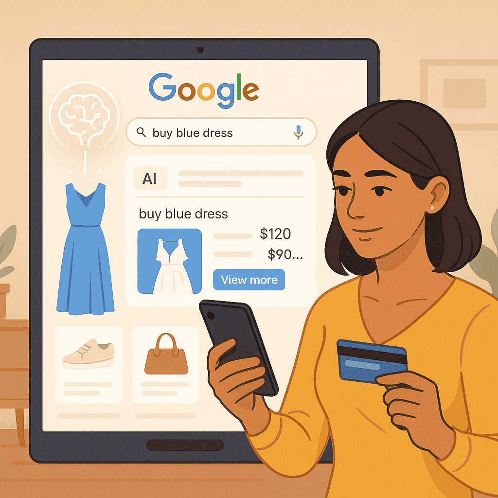 A flat-style digital illustration showcasing Google AI Shopping, featuring a user interacting with a futuristic online retail interface filled with AI-generated product suggestions and shopping features.