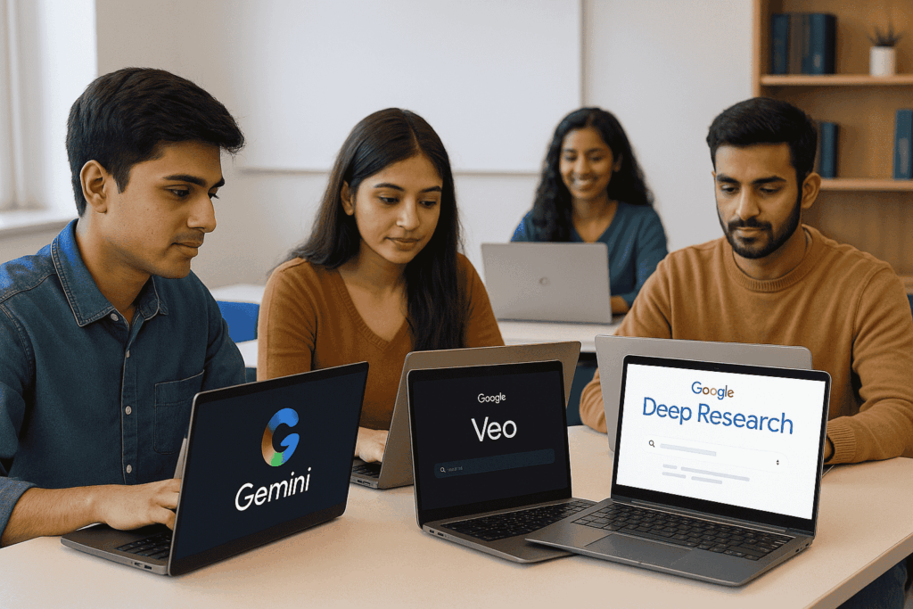 Indian students in a modern classroom using Google AI tools like Gemini, Veo, and Deep Research for learning and projects.