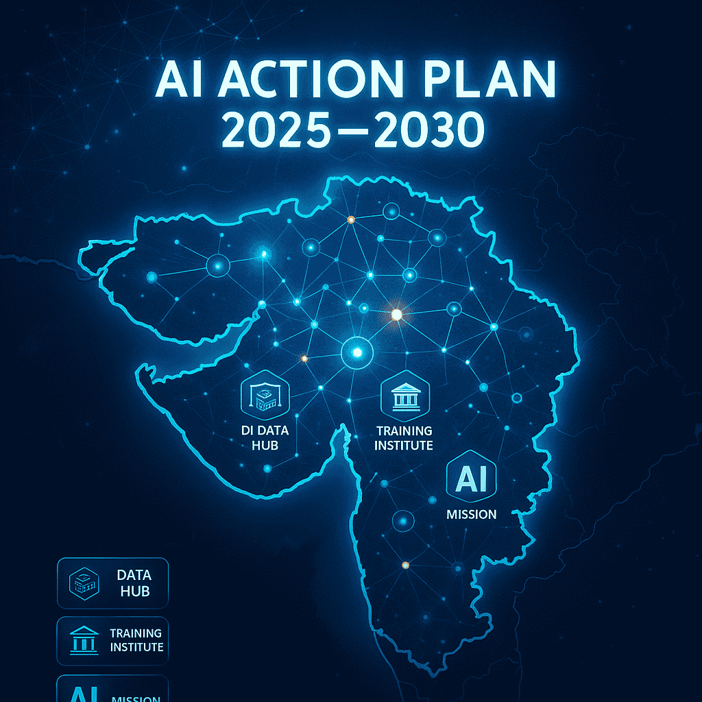  Digital illustration of Gujarat state map highlighting AI data hubs, training institutes, and AI mission centers under the AI action plan.