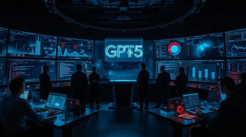 “OpenAI researchers in a futuristic lab with countdown screens and a holographic GPT‑5 logo preparing for the GPT‑5 launch.”