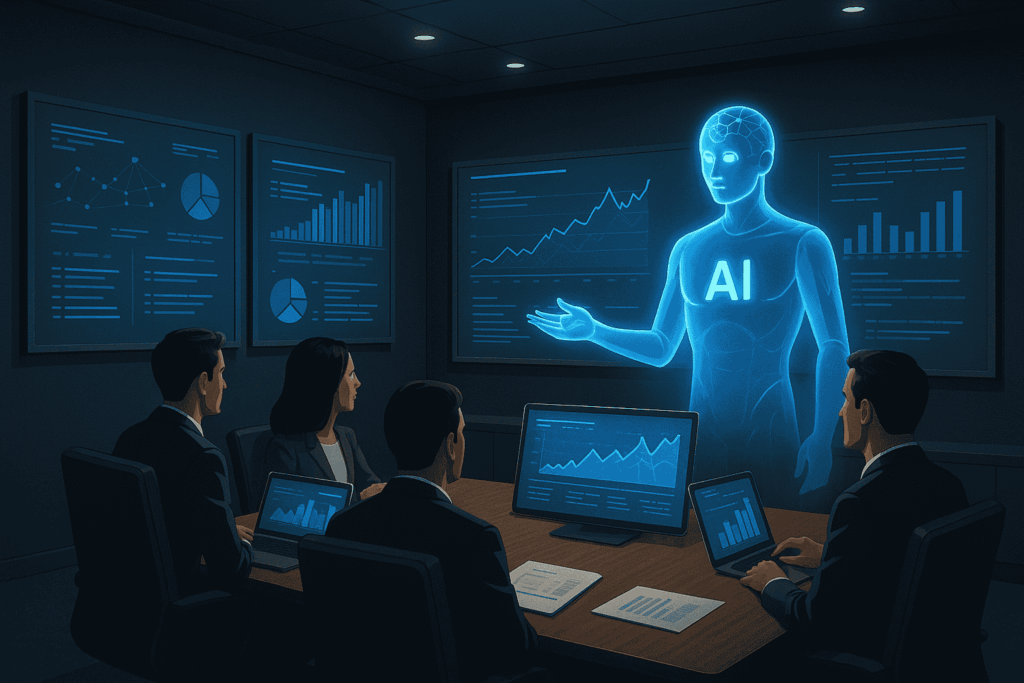Futuristic AI assistant autonomously analyzing data in a modern corporate boardroom, representing agentic AI for business.
